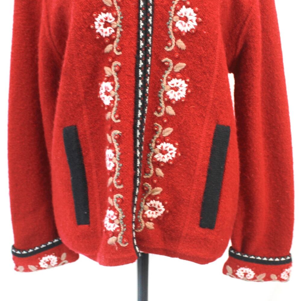 Real Comfort Red 100% Wool Sweater Cardigan Zip Embroidered Floral Cottagecore M - Picture 4 of 8